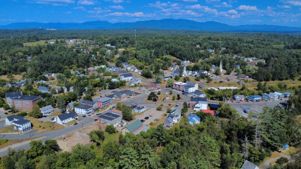 Aerial view of downtown Whitefield, New Hampshire, from the northwest