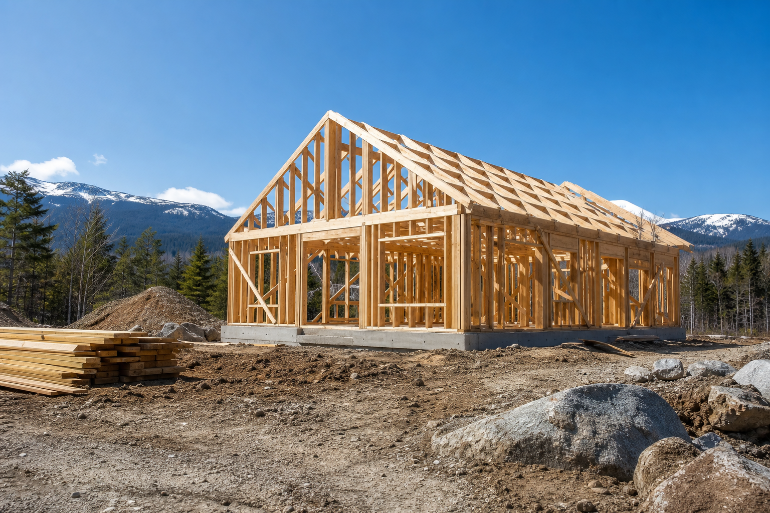A house under construction, still framed in timber in New Hampshire — Camps in Northern New Hampshire