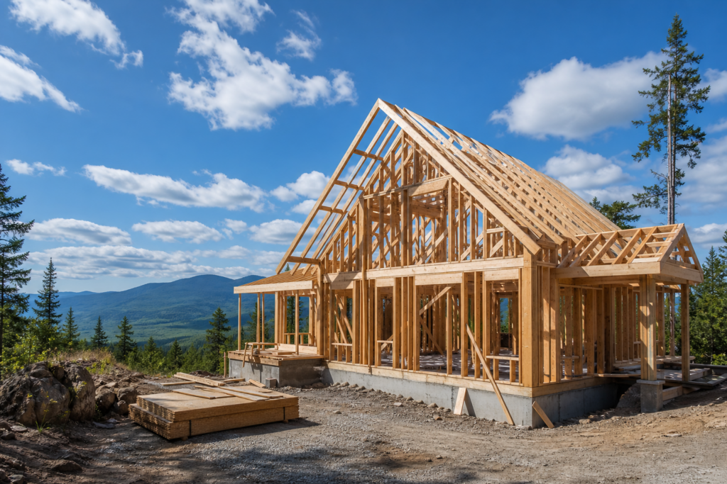 A house under construction, still framed in timber in New Hampshire — Acreage Properties in Northern NH